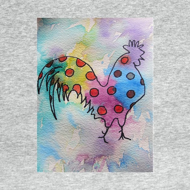 Polka Dot Rooster Watercolor Painting Rainbow by SarahRajkotwala